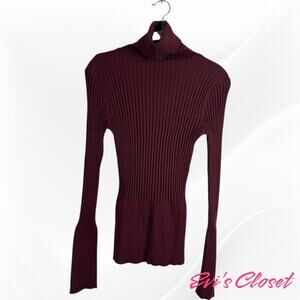 Belle Paige Burgundy Ribbed Knit Turtleneck Stretchy Sweater Mixed Blend Sz L
